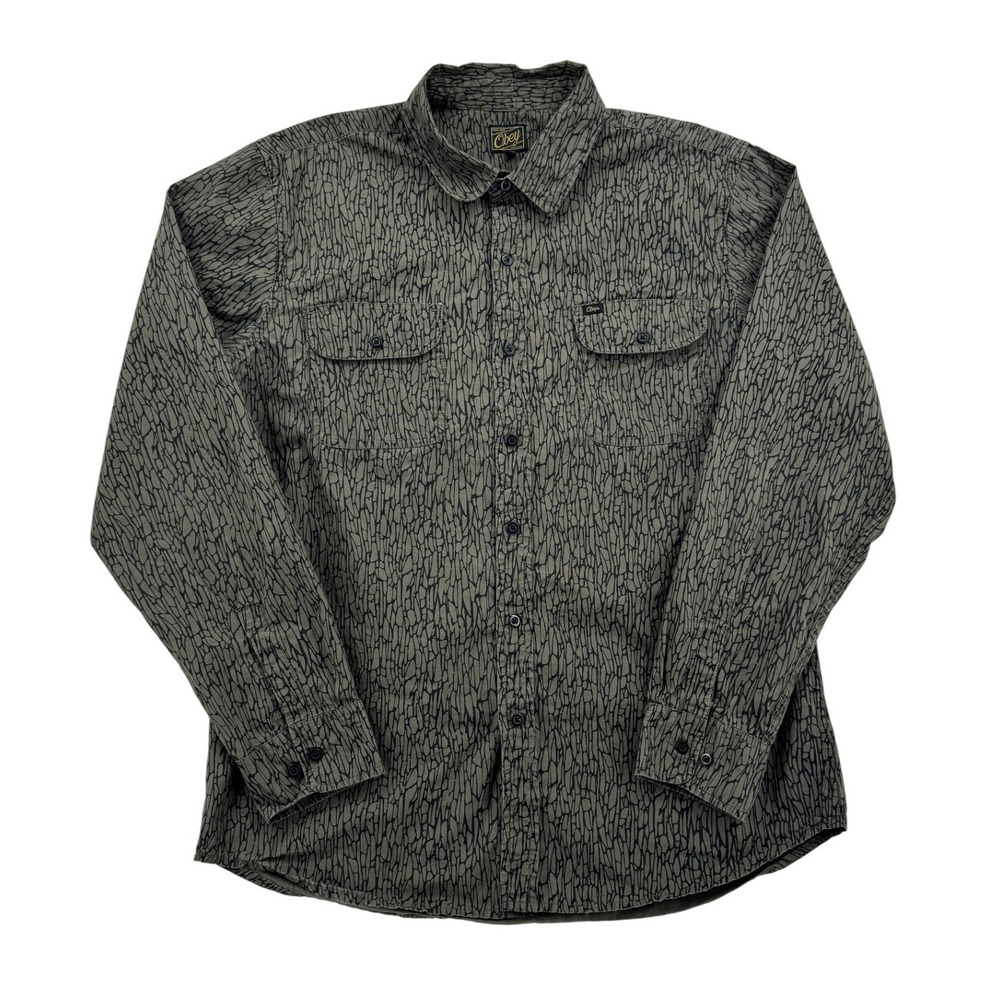 Obey Button Down Shirt Mens Large Olive Green Excellent Crackle Elephant Print